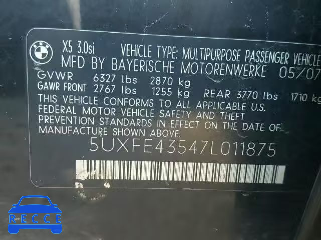 2007 BMW X5 5UXFE43547L011875 image 9