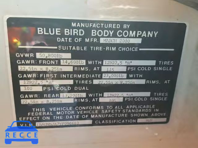 2000 BLUE BIRD BUS 1BAGNBJA7YF096683 image 9