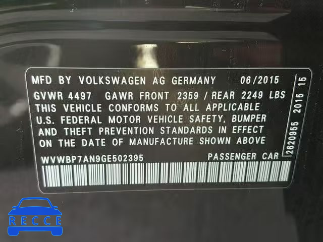 2016 VOLKSWAGEN CC BASE WVWBP7AN9GE502395 Bild 9