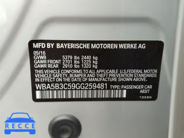 2016 BMW 535 XI WBA5B3C59GG259481 зображення 9
