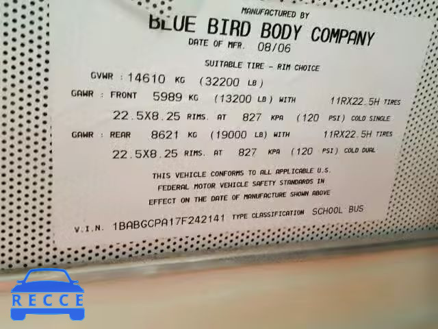 2007 BLUE BIRD SCHOOL BUS 1BABGCPA17F242141 image 9