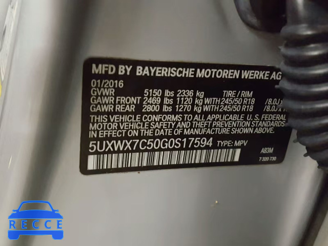 2016 BMW X3 XDRIVE3 5UXWX7C50G0S17594 зображення 9
