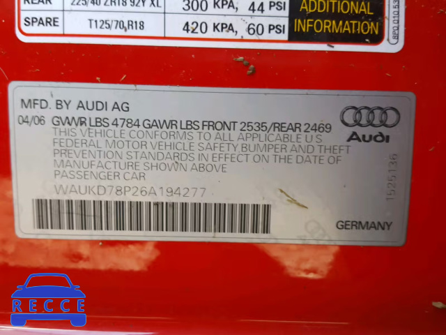 2006 AUDI A3 S-LINE WAUKD78P26A194277 зображення 9