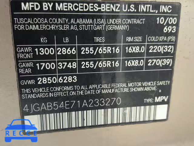 2001 MERCEDES-BENZ ML 320 4JGAB54E71A233270 image 9
