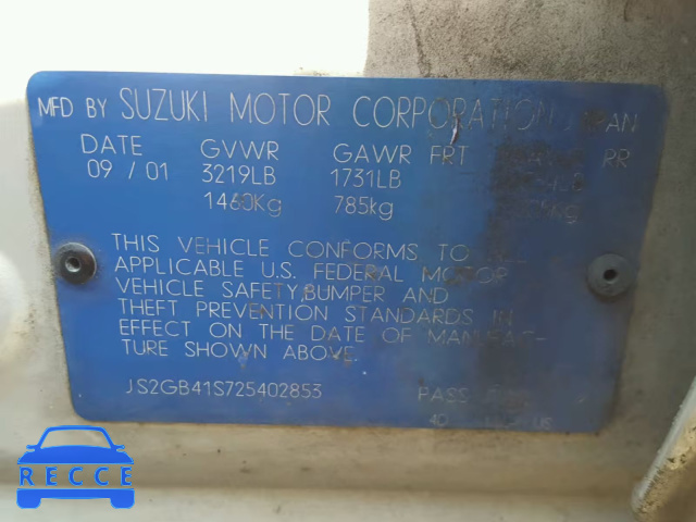 2002 SUZUKI ESTEEM GL JS2GB41S725402853 Bild 9