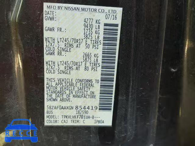 2016 NISSAN NV 3500 5BZAF0AAXGN854419 зображення 9