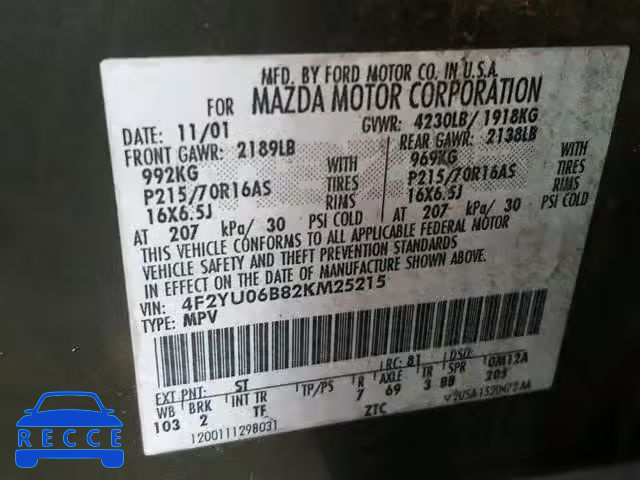 2002 MAZDA TRIBUTE DX 4F2YU06B82KM25215 image 9