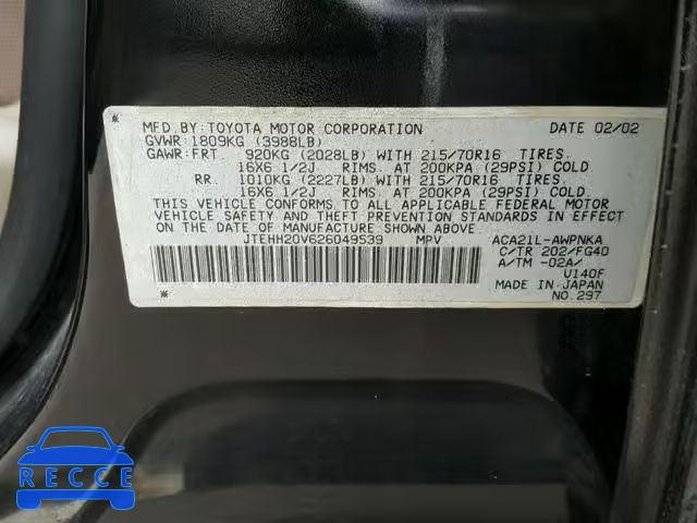 2002 TOYOTA RAV 4 JTEHH20V626049539 image 9