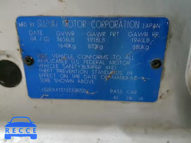 2002 SUZUKI AERIO S JS2RA41S125108702 image 9