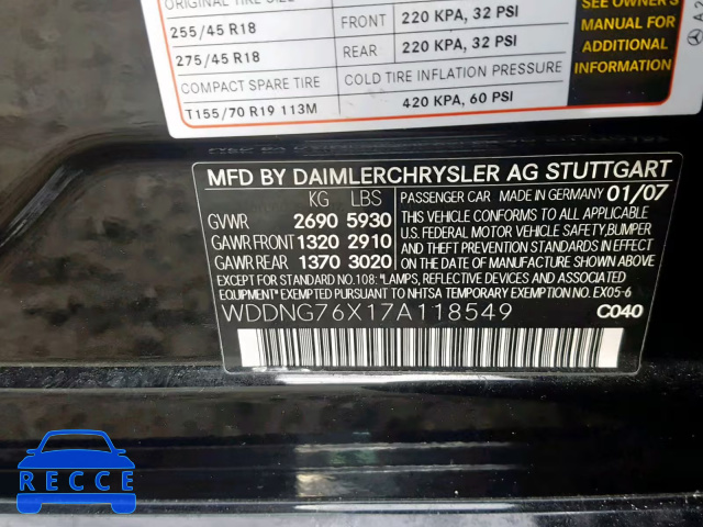 2007 MERCEDES-BENZ S 600 WDDNG76X17A118549 зображення 9