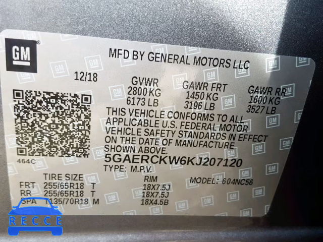 2019 BUICK ENCLAVE PR 5GAERCKW6KJ207120 image 9