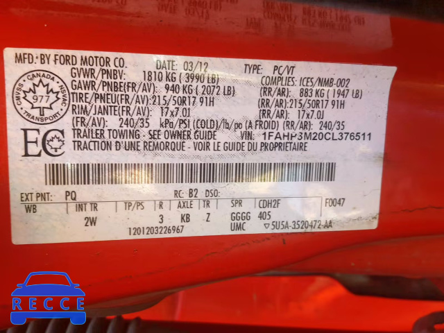 2012 FORD FOCUS SEL 1FAHP3M20CL376511 image 9