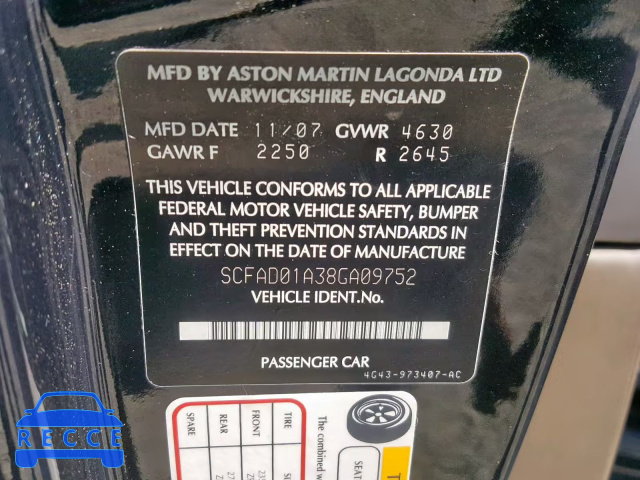 2008 ASTON MARTIN DB9 SCFAD01A38GA09752 image 9