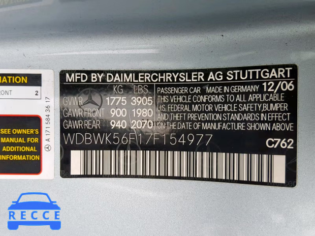 2007 MERCEDES-BENZ SLK 350 WDBWK56F17F154977 image 9