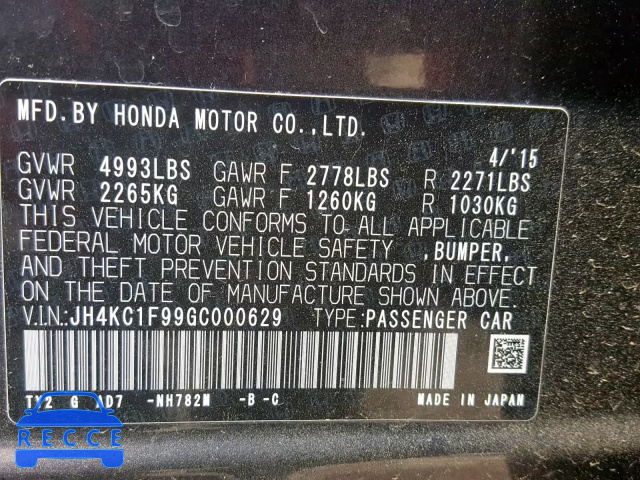 2016 ACURA RLX ADVANC JH4KC1F99GC000629 зображення 9