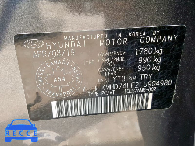 2020 HYUNDAI ELANTRA SE KMHD74LF2LU904980 зображення 9