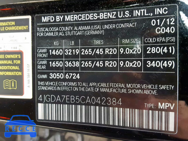 2012 MERCEDES-BENZ ML 63 AMG 4JGDA7EB5CA042384 зображення 9