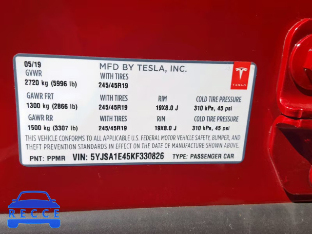 2019 TESLA MODEL S 5YJSA1E45KF330826 Bild 9