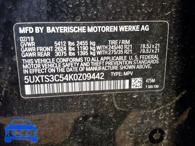2019 BMW X3 XDRIVEM 5UXTS3C54K0Z09442 image 9