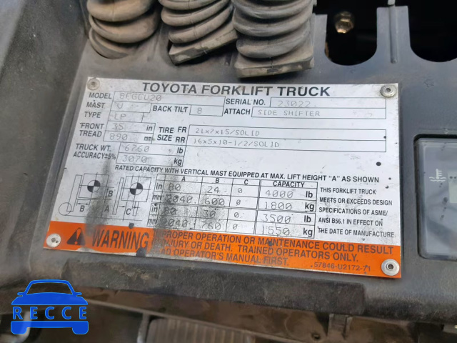 2009 TOYOTA FORKLIFT N0V1NPLATE2 image 9