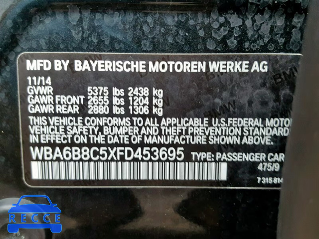 2015 BMW 640 XI WBA6B8C5XFD453695 зображення 9