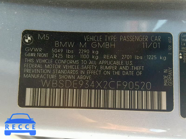 2002 BMW M5 WBSDE934X2CF90520 image 9