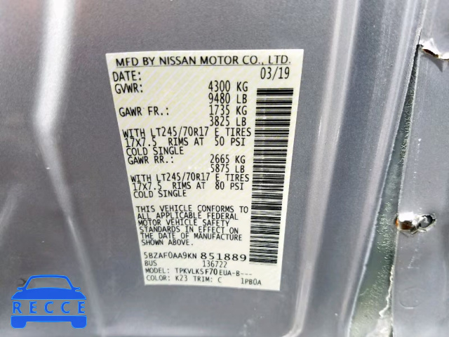 2019 NISSAN NV 3500 5BZAF0AA9KN851889 image 9