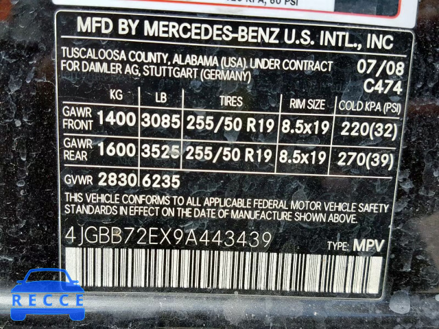 2009 MERCEDES-BENZ ML 550 4JGBB72EX9A443439 Bild 9