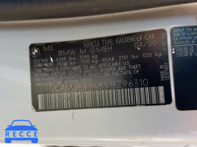 2000 BMW M5 WBSDE9348YBZ96310 image 9
