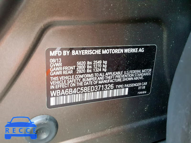 2014 BMW 650 XI WBA6B4C58ED371326 зображення 9
