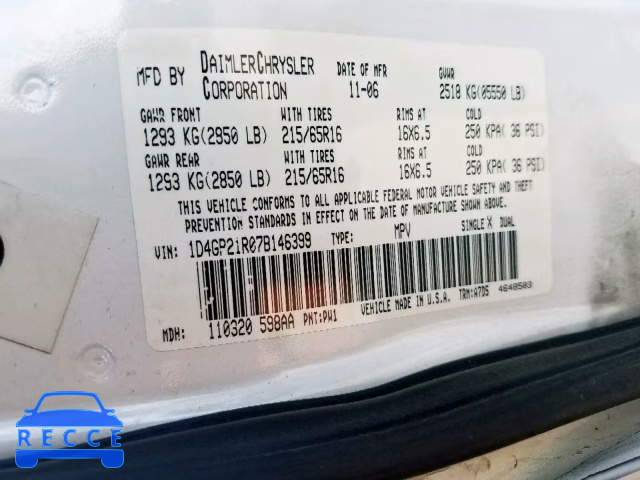 2007 DODGE CARAVAN C/ 1D4GP21R07B146399 image 9