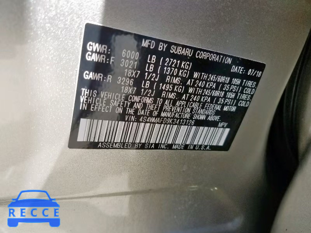 2019 SUBARU ASCENT PRE 4S4WMAFD9K3413126 image 9