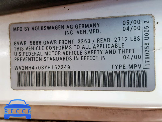 2000 VOLKSWAGEN EUROVAN MV WV2NH4703YH152249 Bild 9