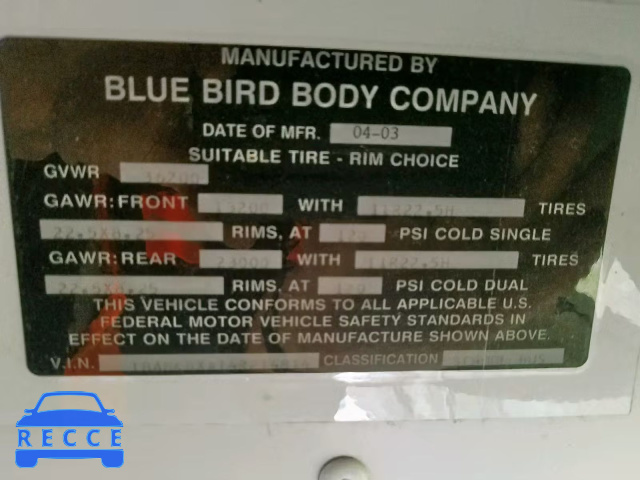 2004 BLUE BIRD SCHOOL BUS 1BABKBXA14F214814 image 9