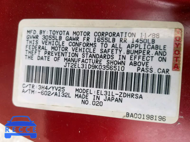 1989 TOYOTA TERCEL JT2EL31D9K0356510 image 9