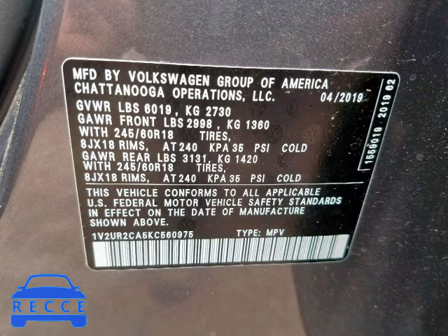 2019 VOLKSWAGEN ATLAS SE 1V2UR2CA5KC560975 зображення 9