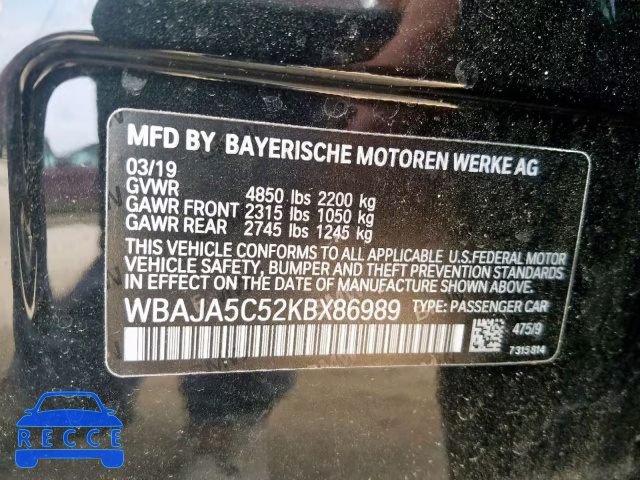 2019 BMW 530 I WBAJA5C52KBX86989 image 9