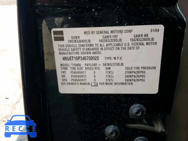 2004 ISUZU ASCENDER L 4NUET16P346700920 image 9