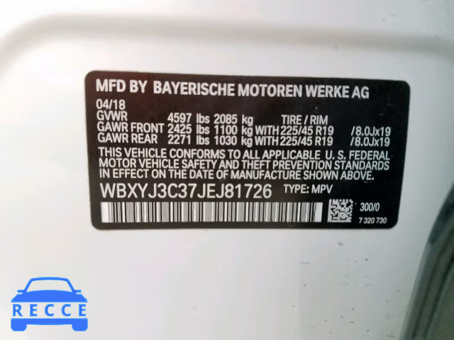 2018 BMW X2 SDRIVE2 WBXYJ3C37JEJ81726 image 9