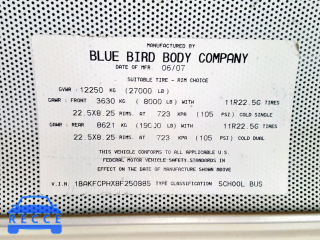 2008 BLUE BIRD SCHOOL BUS 1BAKFCPHX8F250885 зображення 9
