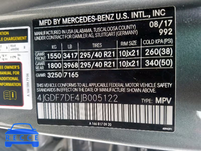 2018 MERCEDES-BENZ GLS 550 4M 4JGDF7DE4JB005122 зображення 9