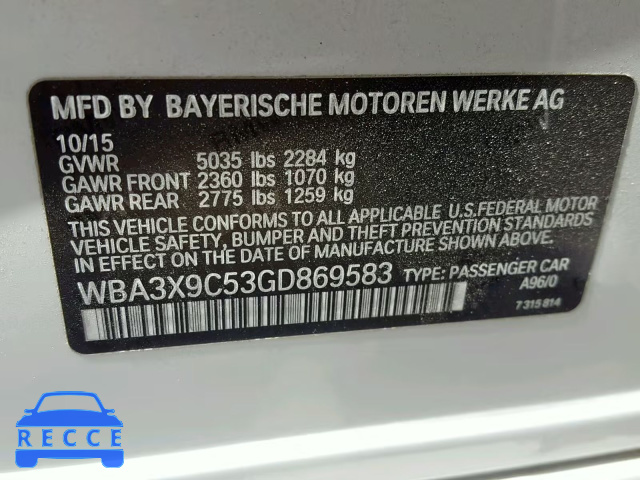 2016 BMW 335 XIGT WBA3X9C53GD869583 зображення 9