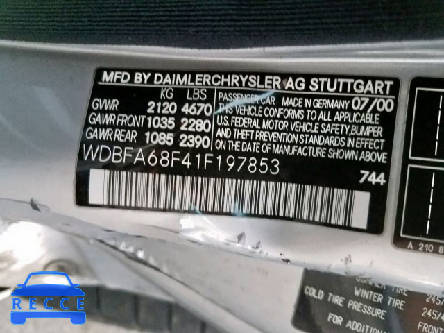 2001 MERCEDES-BENZ SL 500 WDBFA68F41F197853 зображення 9