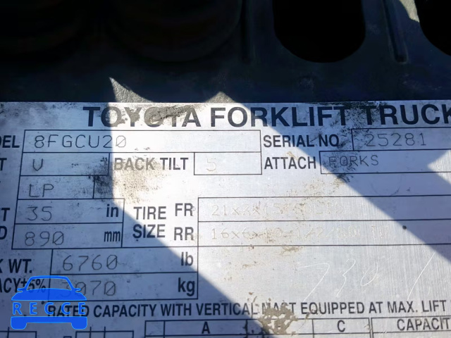 2009 TOYOTA FORKLIFT 8FGCU2025281 зображення 9