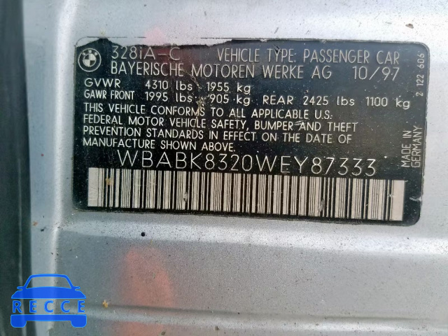 1998 BMW 328 IC AUT WBABK8320WEY87333 image 9