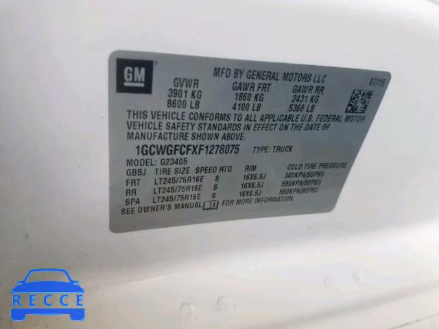 2015 CHEVROLET EXPRESS 1GCWGFCFXF1278075 зображення 9