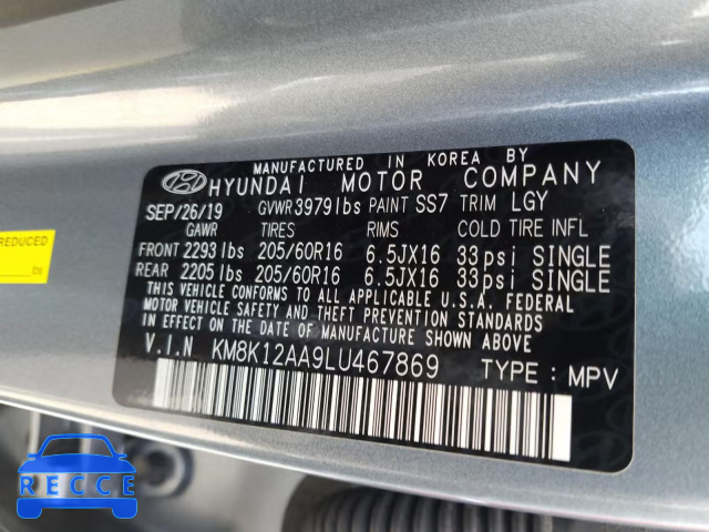 2020 HYUNDAI KONA SE KM8K12AA9LU467869 Bild 9