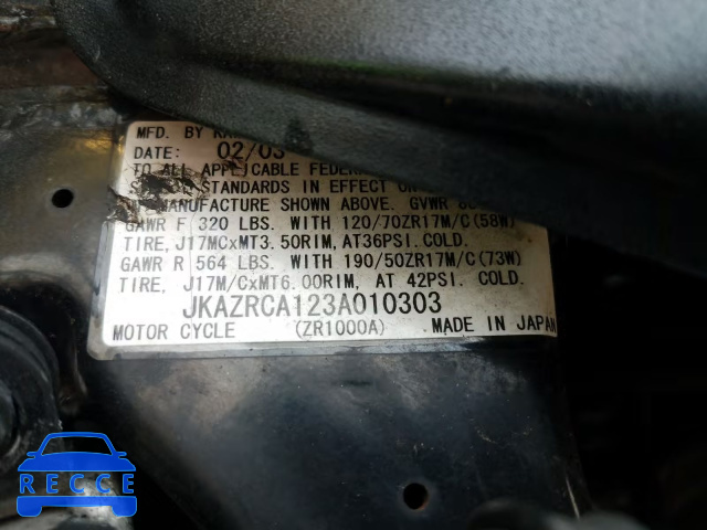 2003 KAWASAKI ZR1000 A1 JKAZRCA123A010303 image 9