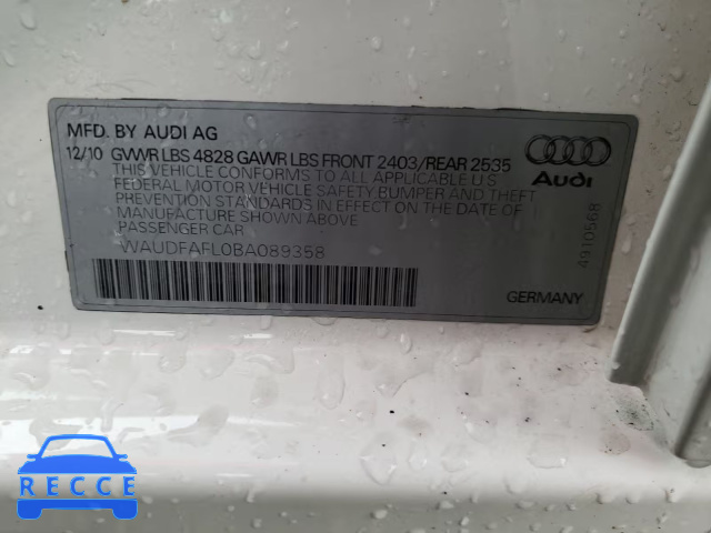 2011 AUDI A4 PREMIUM WAUDFAFL0BA089358 зображення 9