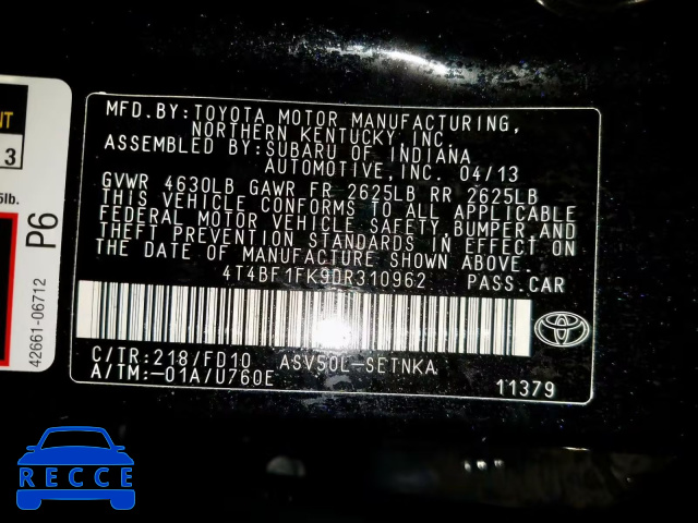 2013 TOYOTA CAMRY L 4T4BF1FK9DR310962 image 9